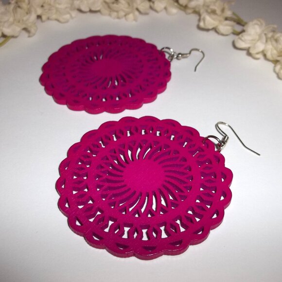 Big Earrings Fuchsia Magenta Pink Wooden Circle Statement Jewelry Drop Set C698 - Picture 3 of 4
